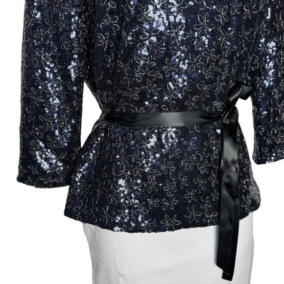 Alex Evenings Navy Blue Sequin Floral Top  3/4 Sleeves Size Small NWT - Picture 2 of 10